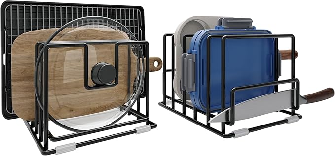 2 Pack Cutting Board Organizer and Pot Lid Holder, Kitchen Cabinet Organizer Rack with 7 & 5 Compartments, Heavy-Duty Iron Baking Sheet Pan Organizer with Non-Slip Base, Space-Saving Kitchen Storage