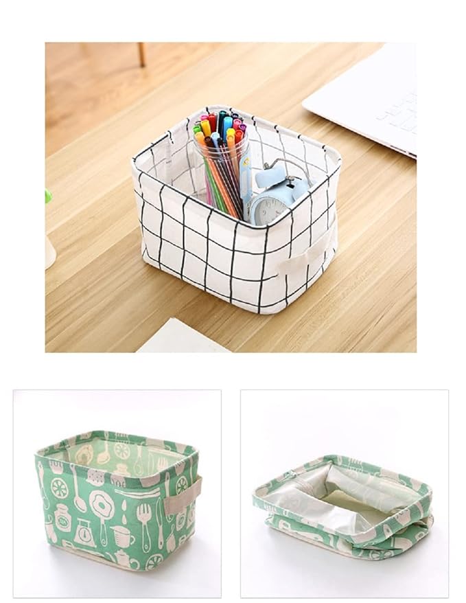 FocuH Stylish Storage Basket Cotton and Linen Fabric Mini Storage Cubes Nursery Storage Baskets with Handles for Shelves & Desks (Set of 3)