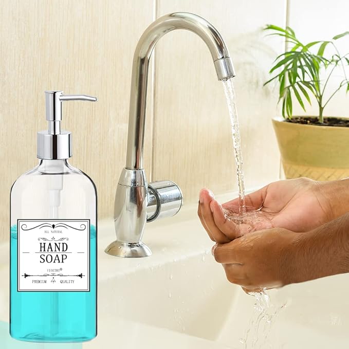Clear Soap Dispenser with Rust Proof Pump, Waterproof Labels (2 Pack,16 Oz), Plastic Hand Soap Dish Soap Dispenser for Kitchen Bathroom