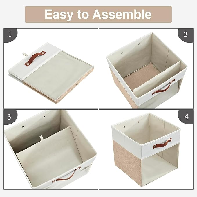 Storage Cubes, 4 Pack Linen Foldable Storage Bins with Clear Window and 2 Handles, 13x15x13 Storage Cube Bins for Shelf Closet, Kallax, Clothes, Books - (Beige and White)