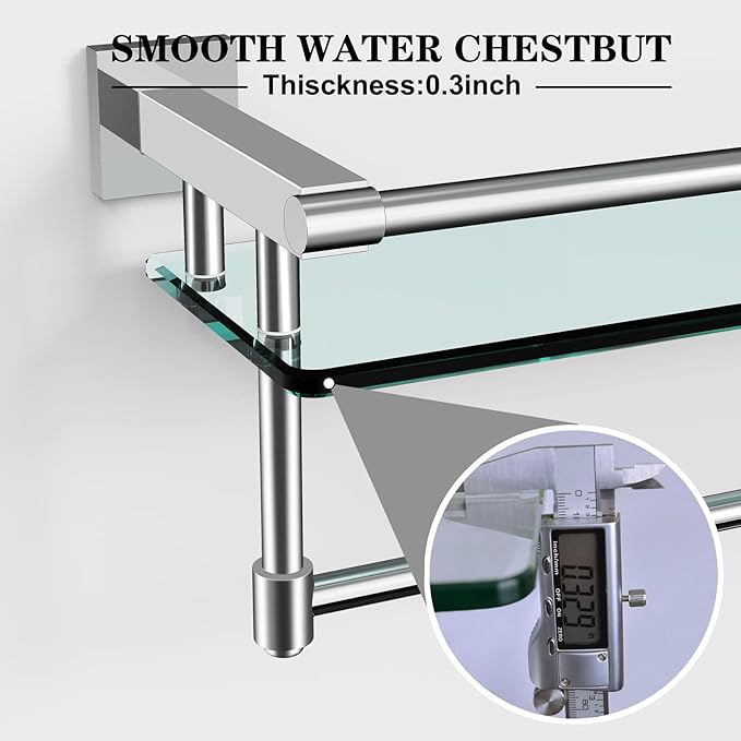 SFGSOWOR Bathroom Glass Shelf with Towel Rack Organizer Wall-Mounted Bathroom Storage SUS304 Stainless Steel Towel Bar/Track Wall-Mounted Tempered Glass Shelves (Chrome Polished, 20-inch)