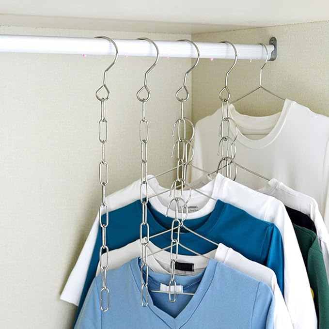 luzen 4Pcs Stainless Steel Closet Organizers and Storage Space Saving Hanger Chains Clothes Hanger Connector Chain Cascading Hangers Chains for Display and Storage Retail Store Home Use, Silver