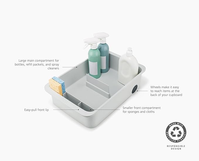 Joseph Joseph CupboardStore Large Easy-Access Wheeled Storage Caddy – Under-Sink Kitchen Organizer, Made from Recycled Plastic