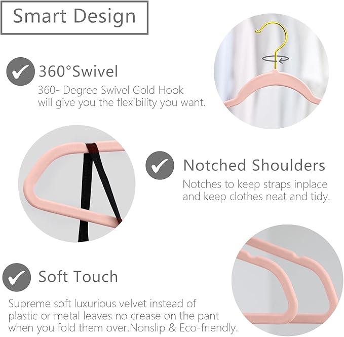 MIZGI Premium Velvet Hangers (Pack of 50) Heavyduty - Non Slip - Velvet Suit Hangers Blush Pink - Gold Hooks,Space Saving Clothes Hangers Felt Organizer