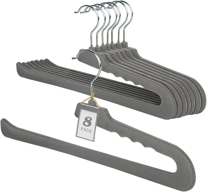 Velvet Pant Hangers Open End, 8 Pack Non Slip Non Crease Felt Slack/Jeans Trouser Hangers,Slim & Sleek Heavy Duty Space Saving Closet Hanger with 360° Swivel Hook (Gray)