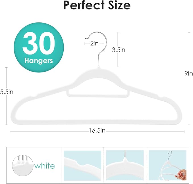 Velvet Hangers Non Slip Felt Hangers, 30 Pack White Velvet Clothes Hangers Space Saving Slim with 360 Degree Swivel Hook for Suits Coats, Jackets, Pants, and Dress Clothes