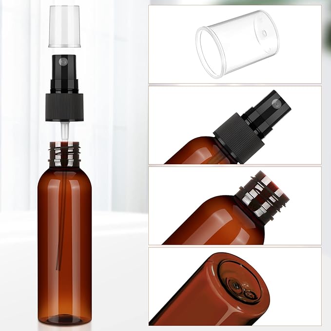 Nuogo 100 Pack 2 Oz Plastic Spray Bottles Reusable Mini Travel Size Perfume Refillable Mist Sprayer Empty Spritz Bottle for Household Use Essential Oil Cleaning(Amber)