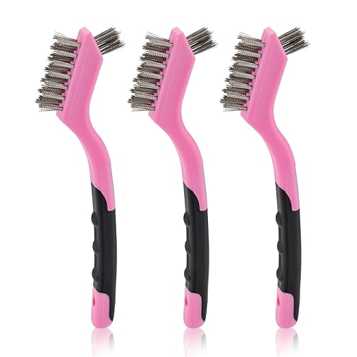 MAXMAN Wire Brush Set 3-Pack, Small Wire Brushes for Cleaning, Rust Remover, Dirt Cleaner, Metal Brush, Paint Scrubbing, 7" Deep Clean Detailing Tools, Stainless Steel Bristles, Pink.