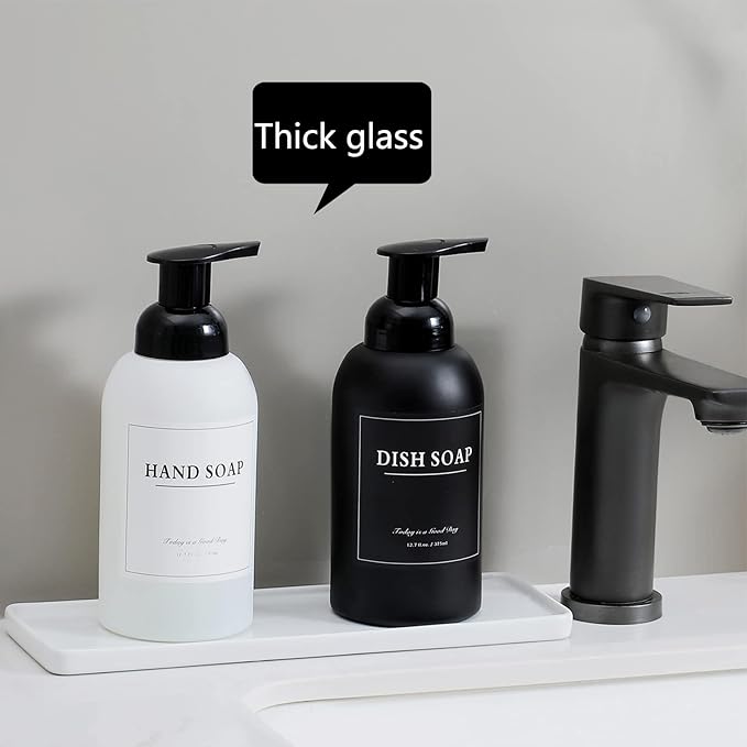 rejomiik 2 Pack Foaming Soap Dispenser Thick Glass Foam Hand Soap Dispenser for Bathroom or Kitchen Sink, 13 oz Pump Bottles for Hand soap, Body Wash, Matte Black and White