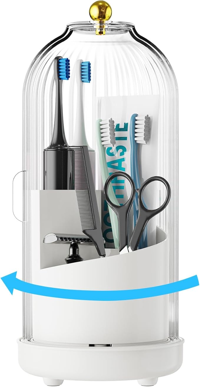 Dustproof Toothbrush Holders for Bathrooms, with Cover, 180° Rotating Door, Three-Slot Design, Bottom Drainage, Bathroom Counter Organizer, Suitable for Rv Travel, and Cosmetic Storage, White