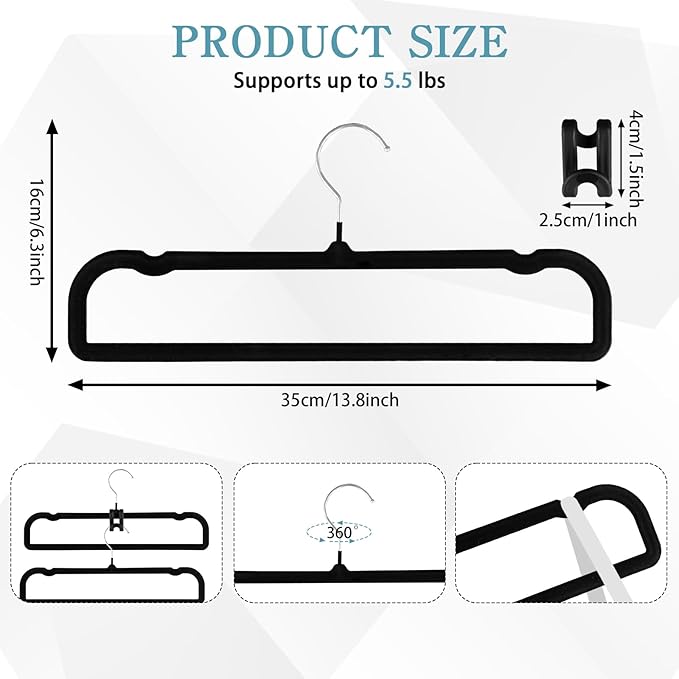 40 Pcs Velvet Pants Hangers with 40 Hooks Non Slip Black Velvet Hangers Slim Clothes Hanger Strong Space Saving Flocked Hanger for Closet Shorts Pants Bra Shirts