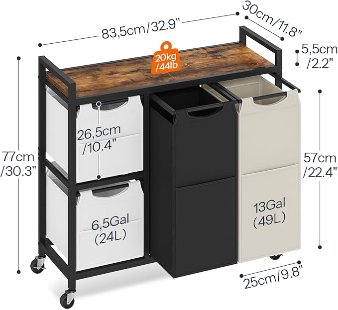 HOOBRO Laundry Sorter with 4 Section, 39 Gal. (147 L) Laundry Hamper with Wheels, Rolling Laundry Basket with Shelf, Pull-Out Detachable Bags, Side Pockets, Rustic Brown, Black and Beige BFE14XY01N1