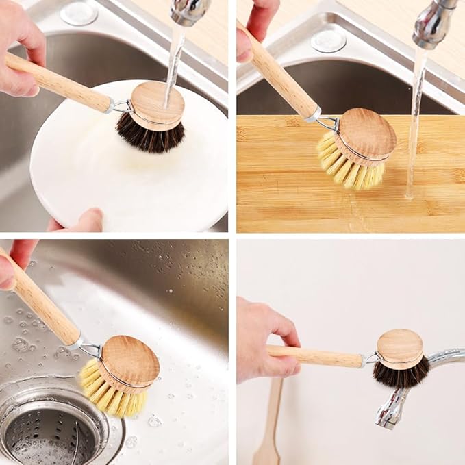 Bamboo Dish Brush Set, 1 Wooden Handle with 3 Natural Bristle Heads All Purpose Kitchen Scrub Brush with Sisal and Palm Horsehair for Cleaning Dishes Pans Vegetables(Color:Brown)