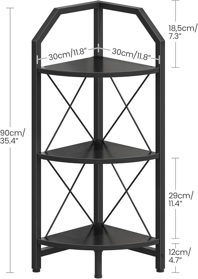 3-Tier Corner Shelf, Industrial Corner Bookshelf, 35.4" Storage Stand, Plant Stand Display Shelf, Bookcase for Bedroom, Living Room, Home Office, Black TCJ03BB ﻿