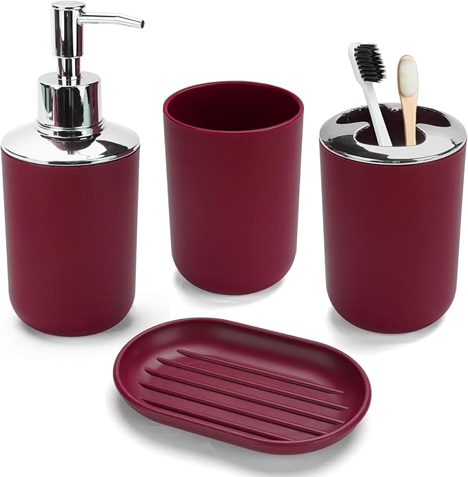 4 Pcs Burgundy Bathroom Accessories Set,Bohemian Bathroom Toothbrush Holder Set.Include Soap Dispenser, Soap Dish, Toothbrush Holder, Mouthwash Cup, Modern Bahtroom Decor Set