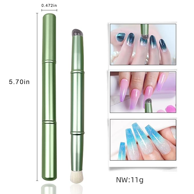 WOKOTO 1pcs Chrome Green Double-Headed Nail Art Brushes Silicone Ombre Nail Brushes And Nail Dust Brushes Picking Dotting Gradient Pen Brush Nail Ombre Brush For Acrylic Nails Painting Cleaning