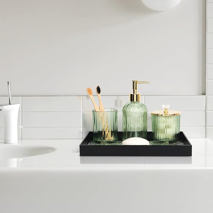 Designer Green Glass Bathroom Accessories Sets - 4 Pcs with Lotion Soap Dispenser, Bathroom Toothbrush Holder, Vanity Tray, and Apothecary Jar, Vintage Bathroom Decor, Gift Countertop Organizer