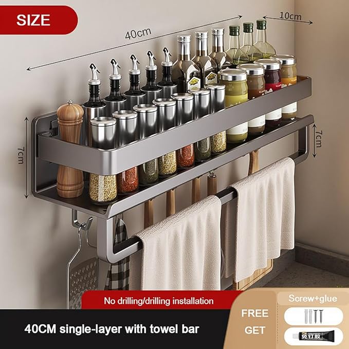 Wall mount Carbon steel Kitchen utensils seasoning spice storage rack, oil salt, sauce vinegar condiment storage rack, Bathroom toiletries organizer with mobile hooks (1 Pack (with bar and hooks))