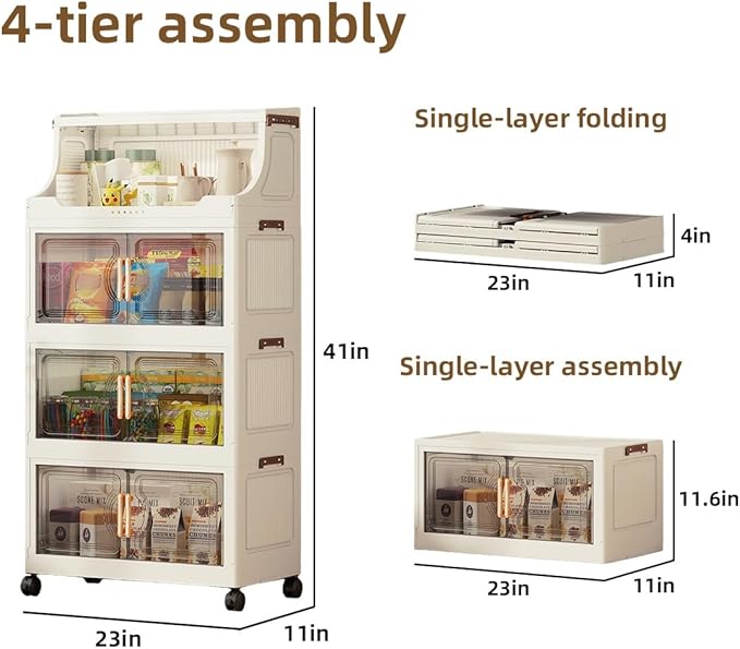 174QT Stackable Storage Bins with Lids & Rack, 4 Tier Large Capacity Foldable Storage Cabinet, Clear Collapsible Pantry Organizer for Home, Kitchen, Bathroom, Dorm, Office