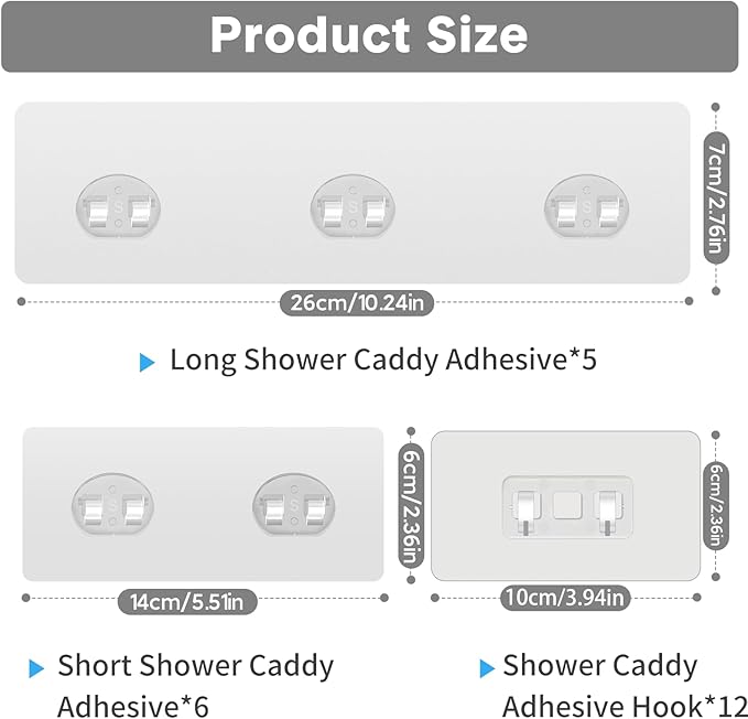 Lsnisni 23 Pack Shower Caddy Replacement, Strong Adhesive Strips for Shelf, Waterproof Wall Hooks, No Drilling, Transparent, for Bathroom Organizer and Kitchen Racks