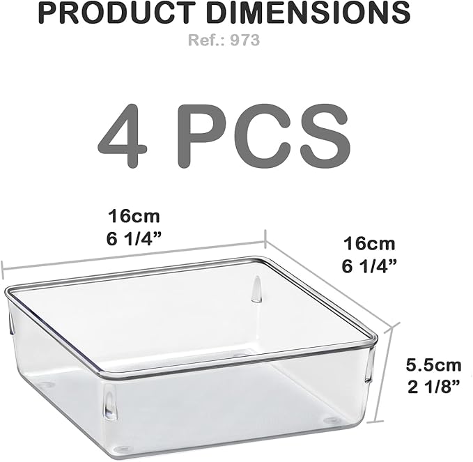 Acrimet Drawer Organizer Modular, Box Tray Storage Bins for Office, Home, Makeup, Kitchen, Junk Drawer ( 4 Pieces) (Clear Crystal Plastic)