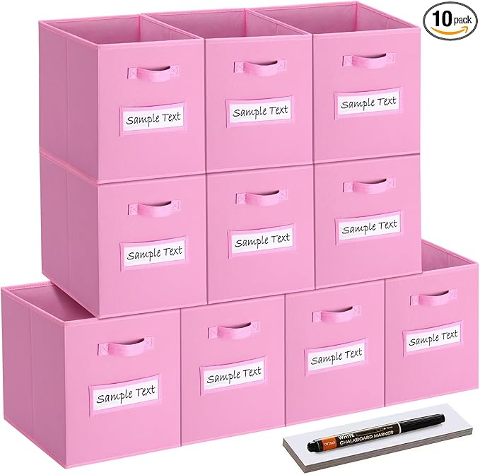 artsdi 11x11 storage cube bins (Set of 10) Foldable Fabric storage cubes with 10 Labels Window Cards & a Pen,11 inch cube storage bin,Closet Organizers for Shelves,Cubby Organizer Boxes,Light Pink