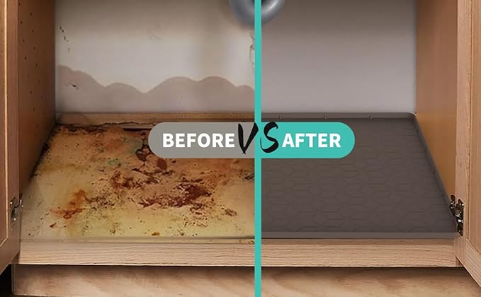 Under Sink Mat for Kitchen, Silicone Waterproof Liner, Flexible Organizer Tray with Drain Hole, 3.7 Gallons Capacity, Easy to Clean
