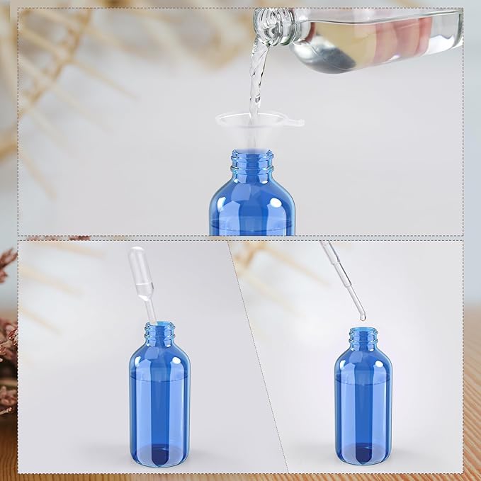 Wedama 2 oz Mini Glass Spray Bottles, Empty Small Spray Bottles with Funnel Dropper, Fine Mist for Hair, Travel, Plants, Cleaning Solutions and Skin Care (4 Pack Sky Blue)