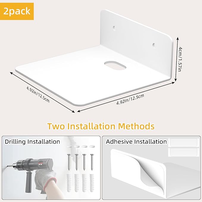 Wisfame Small White Shelves for Wall, 4.92 Inch Metal Floating Shelves for Echo, Cameras, Small Speaker, Adhesive Display Ledges, No Drilling Wall Shelves for Bathroom, Living Room, Bedroom, 2 Pack