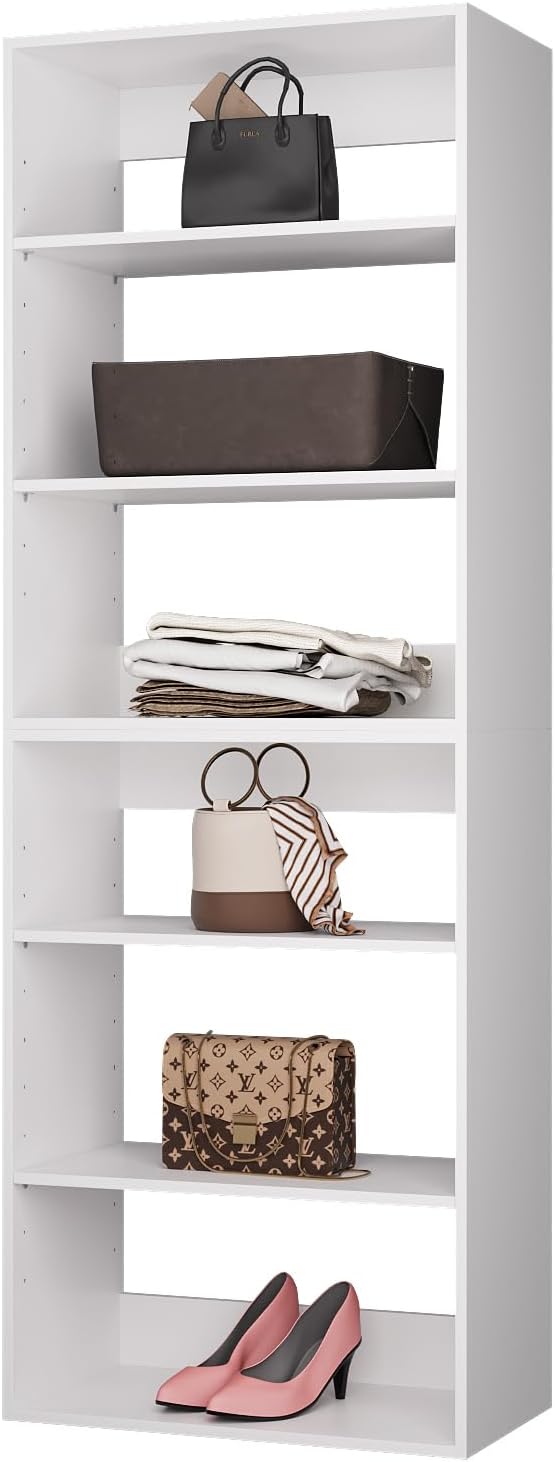 ROOMTEC Modular Closet System, 19.5" Shelf Closet Tower Wall-Mounted Closet Organizer, Wooden Tower for Walk-In Closets, Wardrobe Storage Kit, White