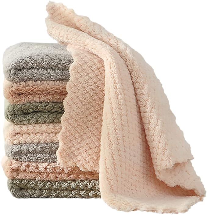 K&janet6am Dish Towels for Kitchen, 8 Pack Premium Coral Velvet Dish Cloths for Washing Dishes, Super Absorbent Coral Fleece Cleaning Cloths, Nonstick Oil Washable Fast Drying Rags