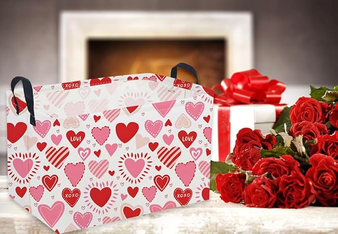 Sanjiaofeng Rectangular Valentine's Day Basket Love Storage Bins,Girls Storage Basket with Handles.Clothers,Books,Kid's Gifts Bins. (Pink Line Love)