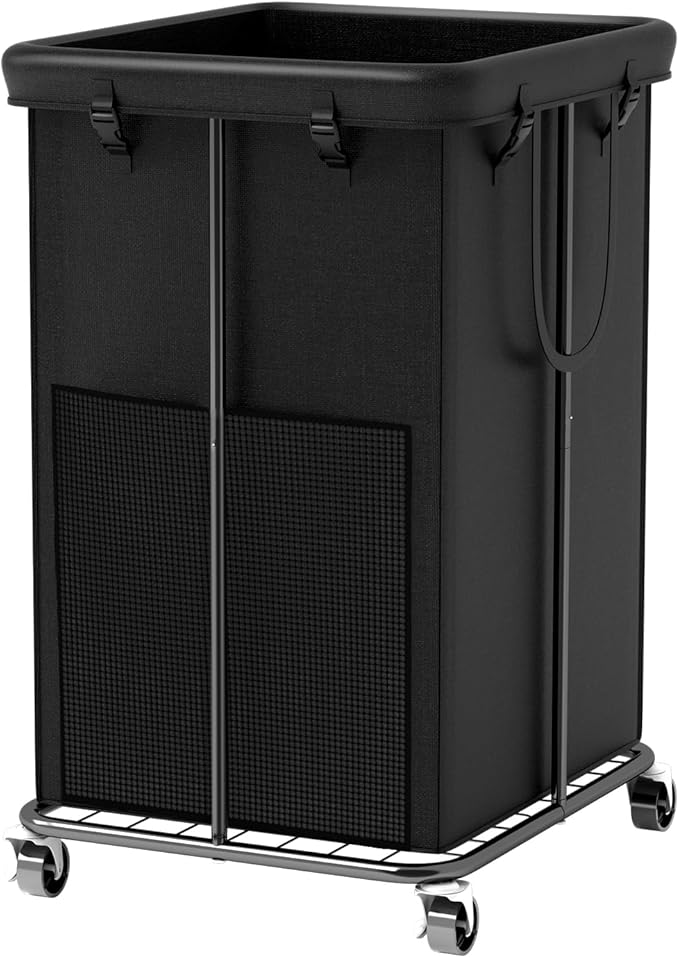 150L Laundry Basket Laundry Hamper with Wheels, Metal & Oxford Fabric Laundry Clothes Hamper, Suitable for Bedroom, Bathroom, Dorm Room, Laundry Room (Dark Black, 150L)