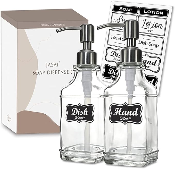 JASAI 2Pack Antique Design Glass Soap Dispenser with Rust Proof 304 Stainless Steel Pump, Refillable Hand Soap Dispenser with 10Pcs Stickers, Premium Soap Dispensers for Kitchen & Bathroom (Clear)