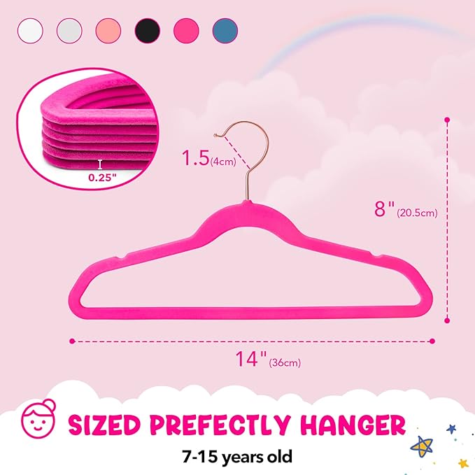 HOUSE DAY Velvet Kids Hangers 60 Pack, Premium Childrens Hangers for Closet, Ultra Thin Cute Clothes Hanger, Non Slip Small Felt Hanger 14 Inch for Kids Clothes, Hot Pink