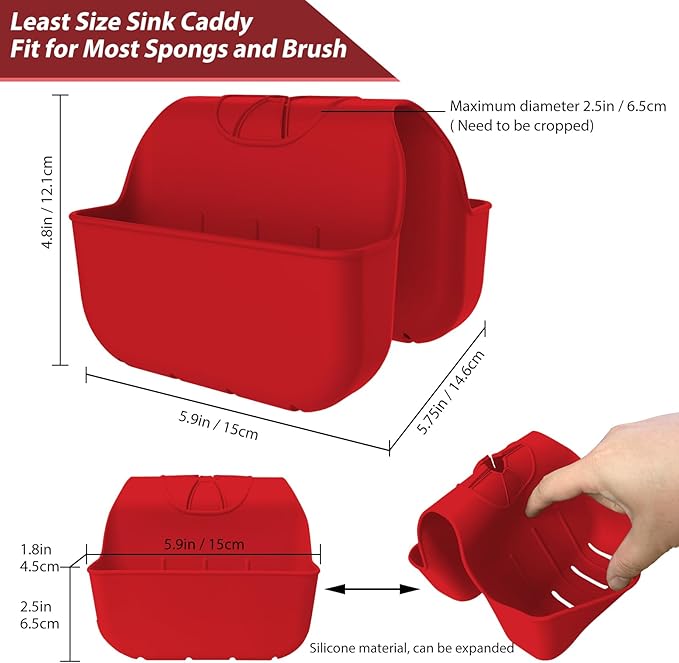 Sponge Holder for Kitchen Sink, Silicone Sink Saddle Caddy Organizer Rack, Sponges Holder Over Faucet, Hanging Kitchen Organizer Accessories Rack Basket - Red