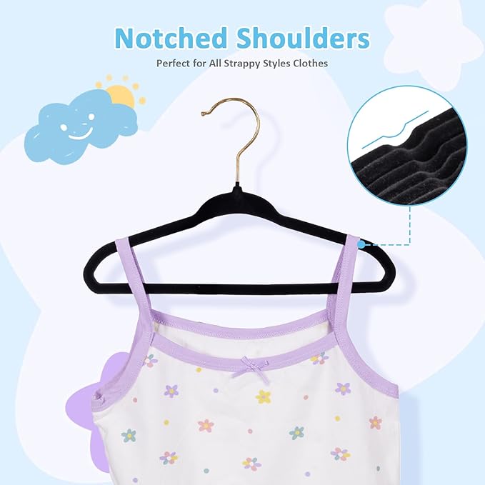 Baby Velvet Hangers 50 Pack - 11 Inch Premium Non Slip Felt Kids Hanger for Toddler & Infant Clothes - 0.2" Ultra Thin Baby Clothes Hangers with 10 Hanger Clips - Black