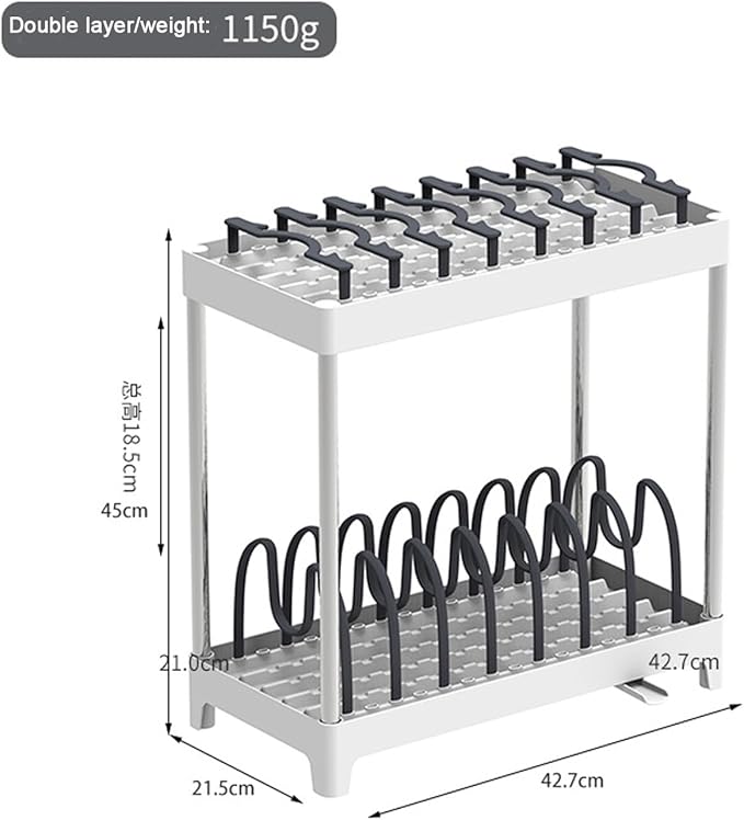 Double-Layer Pot and Pan Lid Organizer with Drainage, Adjustable 16 Compartments for Kitchen Cabinets - Bakeware, Cookware, Cutting Boards & Dishes (Dark Grey)