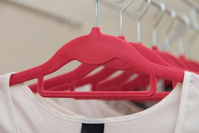 IRIS USA Non-Slip Velvet Clothes Hangers, Slim Space-Saving Design with Accessory Bar, Pink, Set of 10