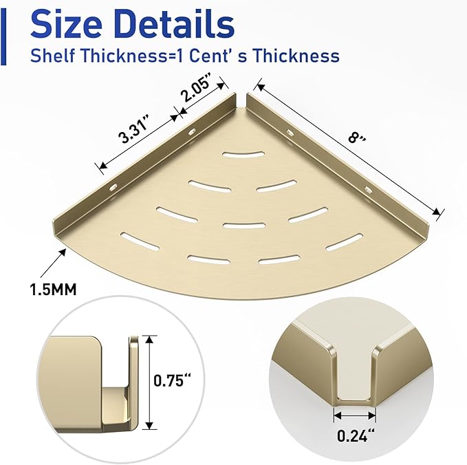 LFBA 2 Pack Corner Shower Shelves Load Capacity 40 lbs 304 Stainless Steel Shower Corner Shelf Will not Rust 8in Shower Shelf for Inside Shower Brushed Gold Drilling Installation
