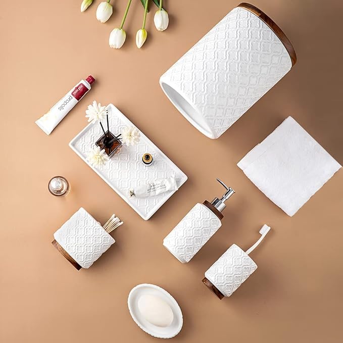 Bathroom Accessories Set 6 Pcs Toothbrush Holder Soap Dispenser Ceramic and Wood Bathroom Set with Trash Can Soap Dispenser Toothbrush Holder Tray Tumbler Soap Dish White