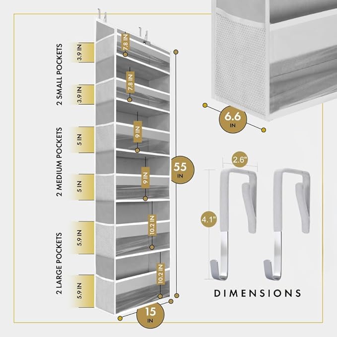 HOMELUX THEORY UPGRADED 6 Tiers Over The Door Organizer Hanging - 100D EXTRA THICK & 50lbs HUGE CAPACITY, 12 Side Mesh Pockets Over The Door Shoe Organizer, Hanging Closet Organizer (Light Gray, 1pc)