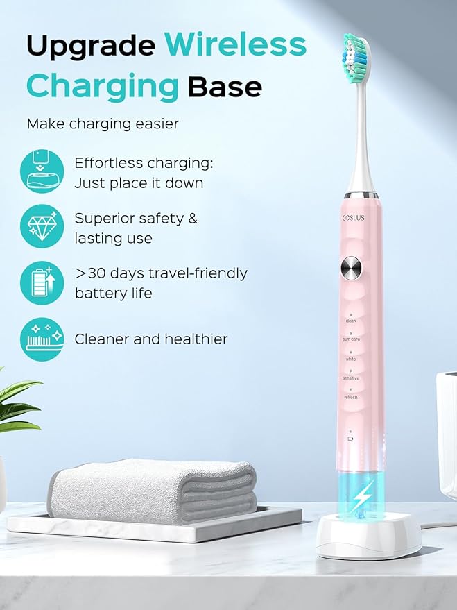 COSLUS Sonic Electric Toothbrush for Kids & Adults C40(DY-108Pro): 47000 VPM for Deep Cleaning with Travel Case - 5 Modes for Sensitive Teeth & Braces, Wireless Charging, 6 Brush Heads, Pink (1PC)