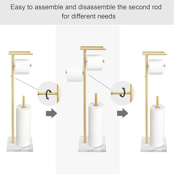 GZILA Brushed Gold Toilet Paper Stand Holder with Shelf, Marble Design Base Free Standing Toilet Paper Roll Holder with 2 Dispenser SUS 304 Stainless Steel Reserve, Storage 5 Rolls