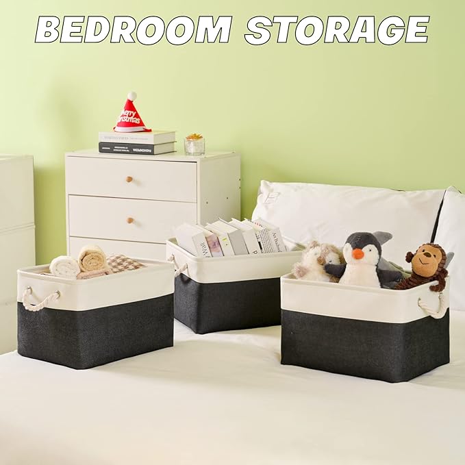 Storage Bins 3 Pack, Fabric Storage Basket for Collapsible Medium Canvas Storage Baskets for Organizing Shelf Nursery Home Closet with Cotton Rope Handle 15(L) x 11(W) x 9.5(H) inch(White&Black-3PCS)