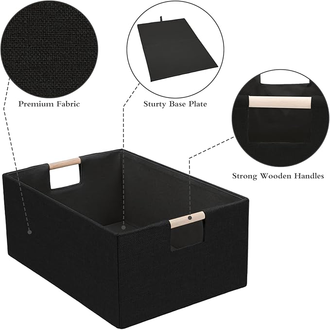 Foldable Fabric Storage Basket for Shelves, Linen Decorative Storage Bin with Wooden Handles, Small Organizer Cube for Closet, Rectangle Canvas Box for Organizing, Decor, 15x10.6x6 Inches (Blcak)