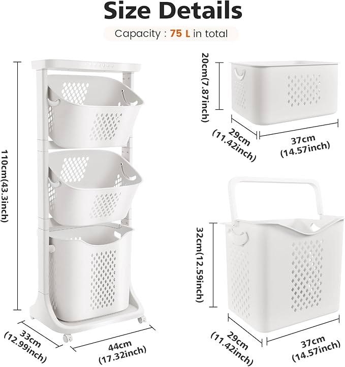 Rolling Laundry Hamper Cart with Wheels, 3 Tier White Laundry Baskets, Clothes Hamper with Portable Storage Baskets for Kitchens, Bathrooms, Bedrooms, Classrooms, Laundry Rooms(75L)