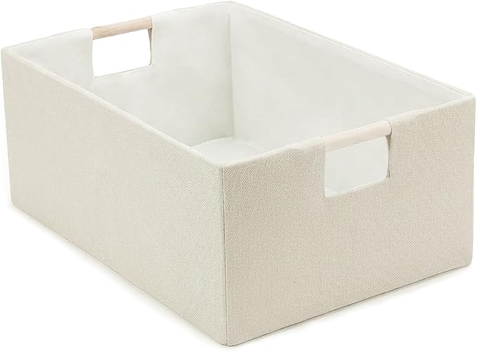 Foldable Fabric Storage Basket for Shelves, Linen Decorative Storage Bin with Wooden Handles, Small Organizer Cube for Closet, Rectangle Canvas Box for Organizing, Decor, 15x10.6x6 Inches (Beige)