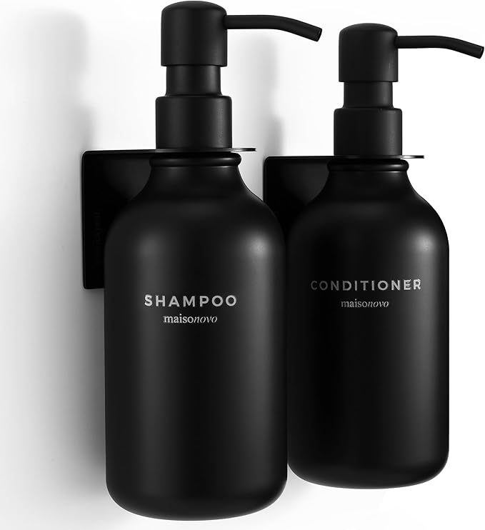 MaisoNovo Shampoo and Conditioner Dispenser - Shower Soap Dispenser Wall Mounted - 16.9 fl oz Set of 2 Black Plastic Bottles Black Plastic Pumps - 2 Chamber No Drill