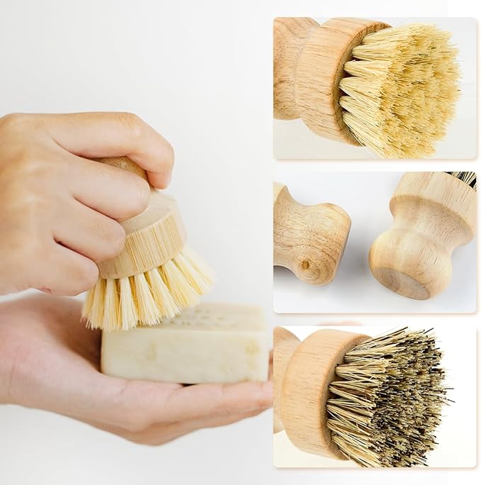2 Pcs Dish Brush, Wood Dishes Scrub Brush, Pot Brush for Kitchen Cleaning Dishes Pots Pans (Sisal and Palm)